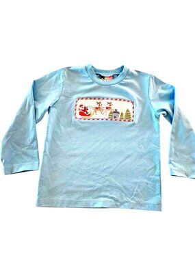 Banana Split Kids Smocked Santa Sleigh Shirt Blue Christmas Sz 5